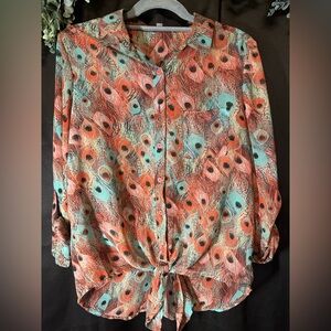 Kut from the Kloth peacock Print Button-Up Blouse in Coral & Aqua